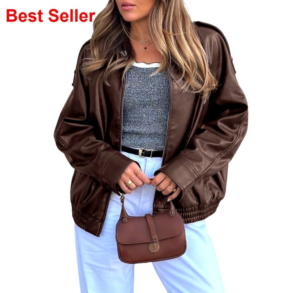 Faux Leather Jacket Women Oversized Motorcycle Bomber Zip Up
